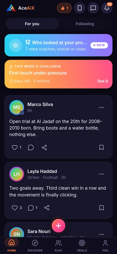 AceAiX app — athlete feed showing profile views and challenges