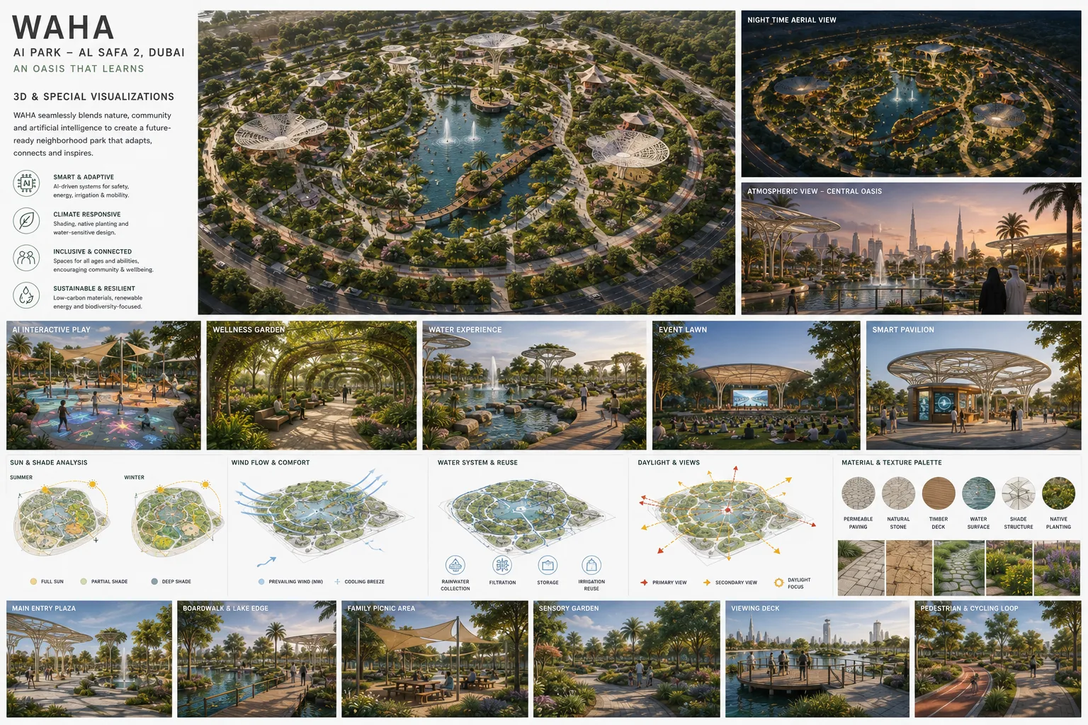 WAHA AI Park — 3D aerial visualizations of the Al Safa 2 smart park