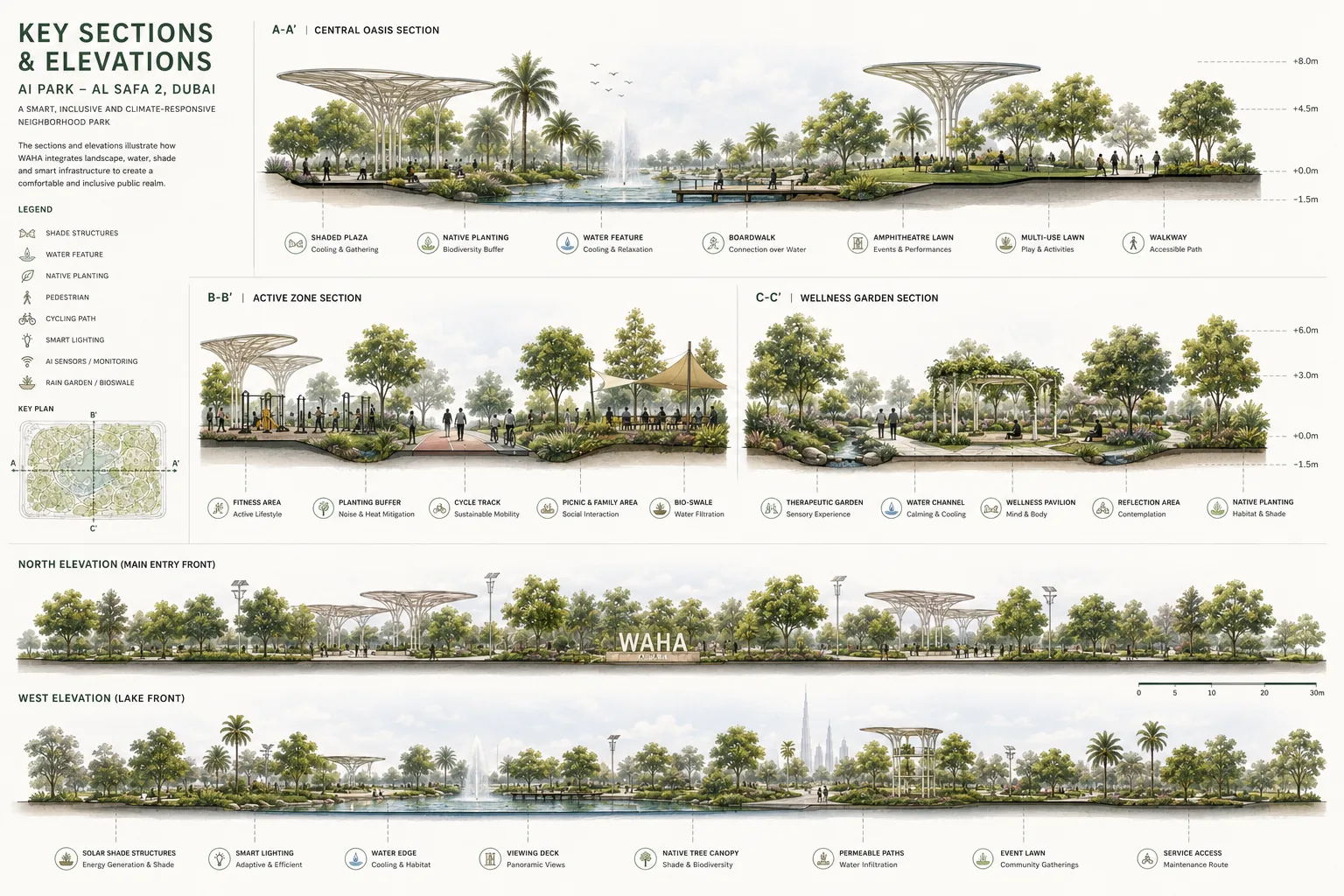 Key sections and elevations of the park
